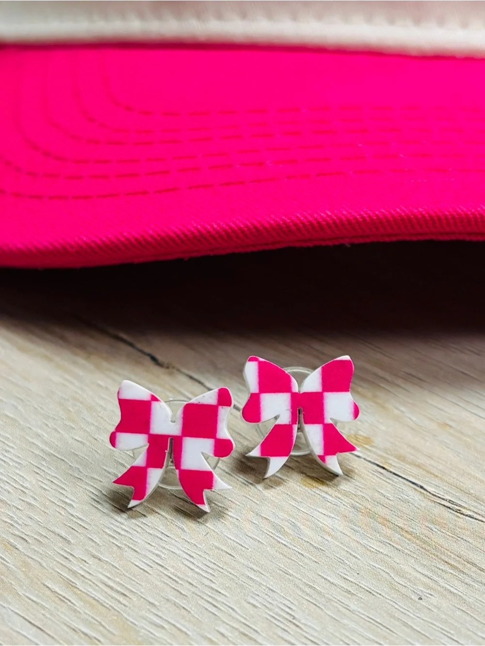 Fashion Jewelry Hot Pink and White Checkerboard Bow Stud Earrings